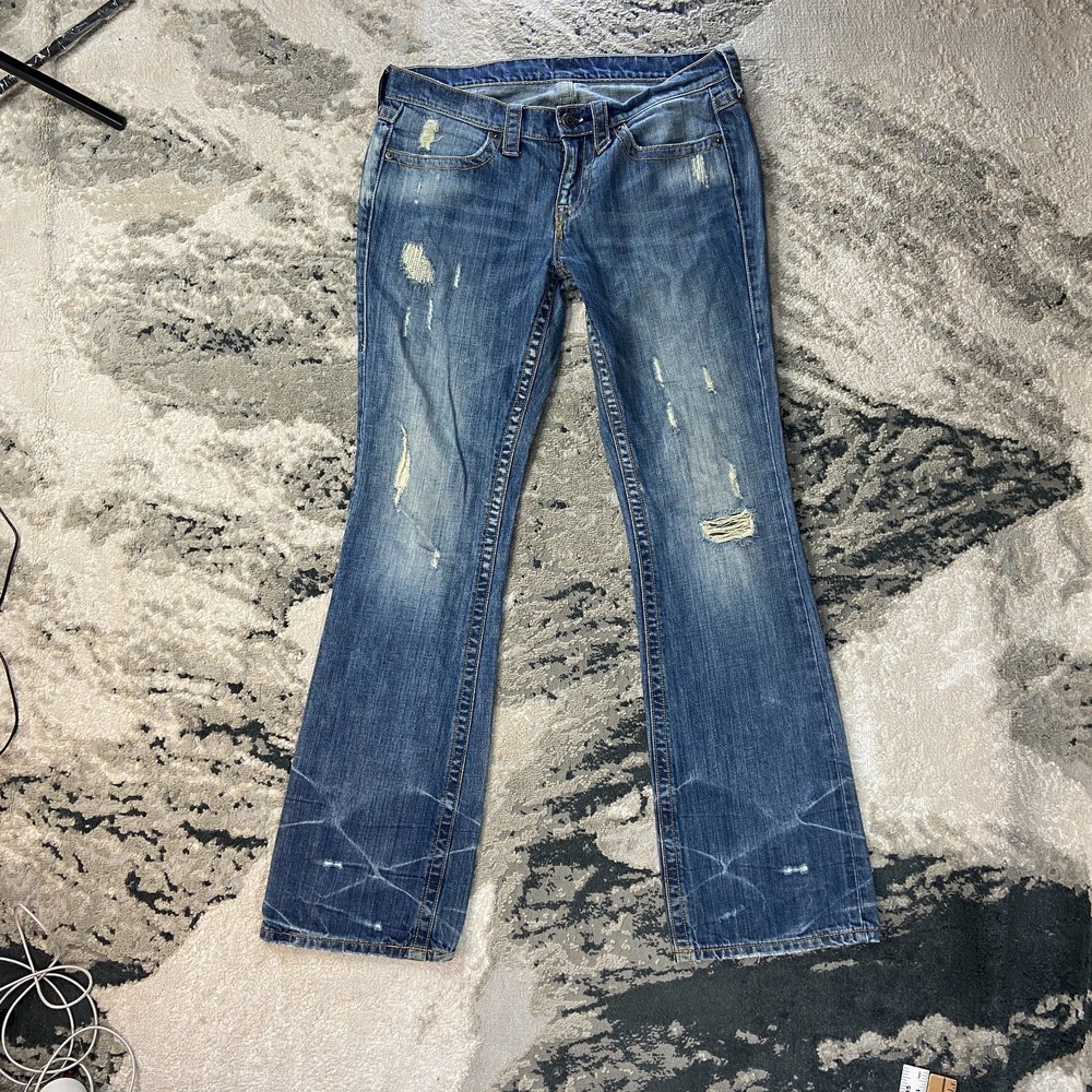 London Y2K Jeans Sz 10 Blue Medium Wash Flared Distressed Mid Rise Bootcut Leg